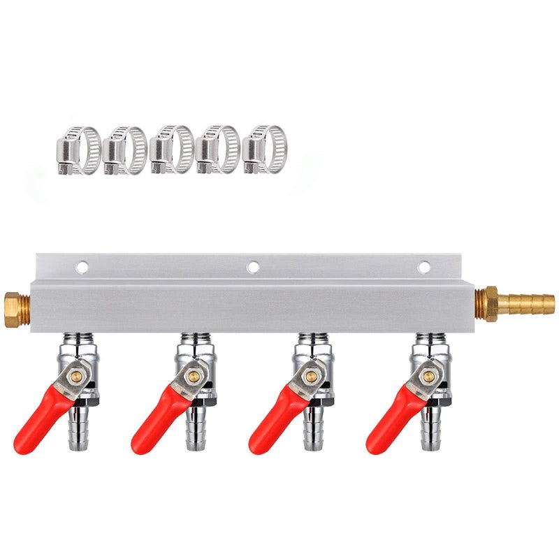 MRbrew Gas Manifold, CO2 Gas Distributor, 5/16'' Barb Fitting Beer Kegerator Splitter, 4-Way Air Distributor with Integrated Check Valves & Hose Clamps - Image 1